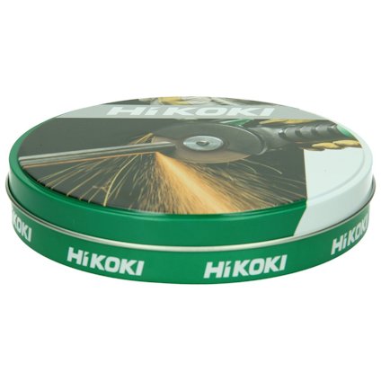 Rund grön plåtask märkt "HiKOKI" med bild av en vinkelslip och gnistor på locket.