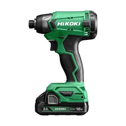 Slagskruvdragare i grönt och svart med märket "HiKOKI" och texten "18V" samt "2.0" på batteriet.
