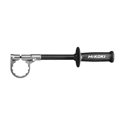 Svart och silverfärgat handtag med "HiKOKI" logga, innehåller en cirkulär metallhållare i ena änden.