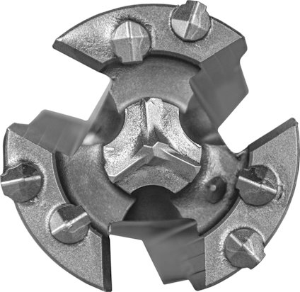 Metallisk skärverktyg med flera vassa blad och centralt triangulärt hål.