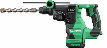 Grön och svart sladdlös kombihammare från HiKoki med SDS-Plus-fäste och borr fastsatt.