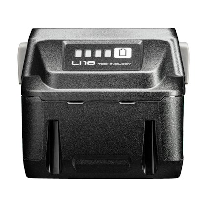 Svart, rektangulärt litiumjonbatteri med indikator och text "Li 18 TECHNOLOGY".