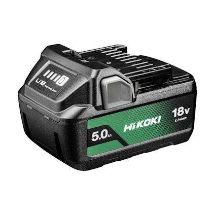 Batteri av märket HiKOKI, 18V Li-ion, kapacitet 5,0 Ah, svart och grönt i färg.