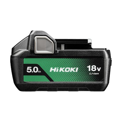 Hikoki 18V Li-ion batteri, 5.0 Ah kapacitet, svart och grönt med märkning på sidan.
