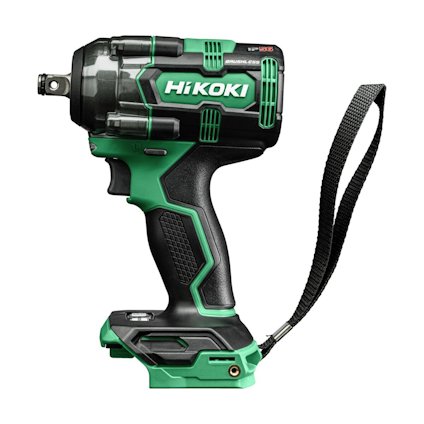 Grön och svart mutterdragare med Hikoki-logotyp. Handledsrem fäst vid skaftet.