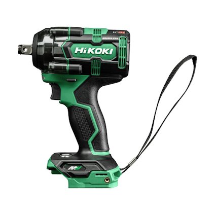 Sladdlös mutterdragare i svart och grönt med handtag och handledsrem. Märkt "HiKOKI".