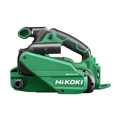 Grön och svart sladdlös bandslip med texten "HIKOKI" och "BRUSHLESS" på sidan. Slutsrordat verktygshandtag.