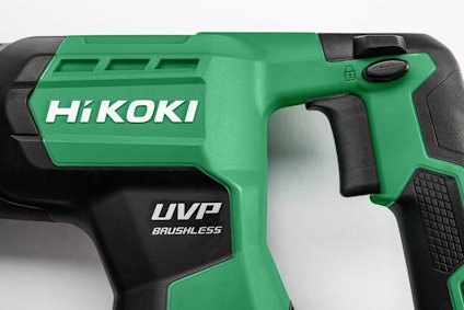 Grön och svart Hikoki elverktyg med texten "HiKOKI" och "UVP BRUSHLESS" på sidan.