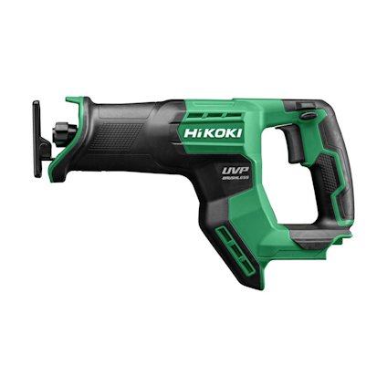 Grön och svart batteridriven tigersåg med HiKOKI-logga och märkning "UVP" på sidan.