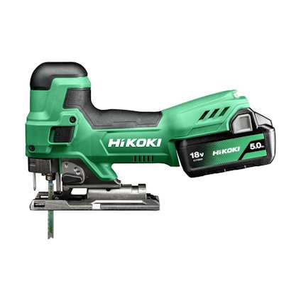 Grön och svart sticksåg från HiKOKI med synligt batteri märkt "18V" och "5.0 Ah".