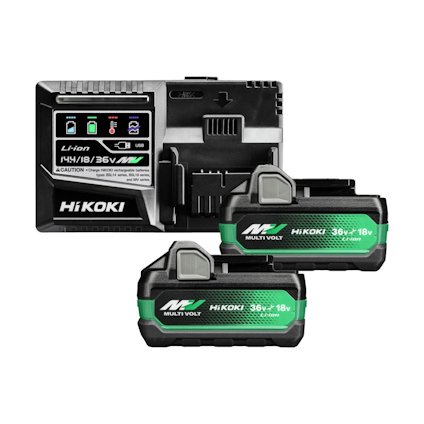 Laddare och två svarta och gröna batterier med märkningen "HiKOKI MV 36V ↔ 18V Li-ion".