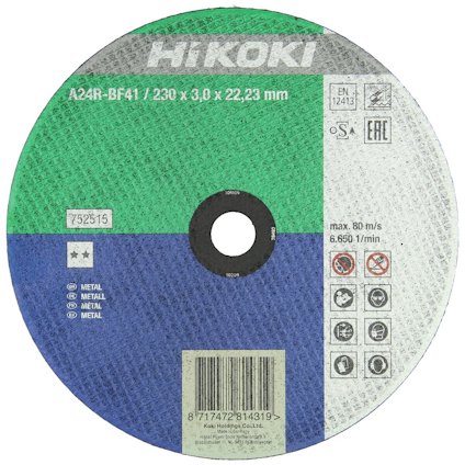 Rund kapskiva med grön, vit och blå sektion, text "HiKOKI", piktogram för material, och diverse certifieringssymboler.