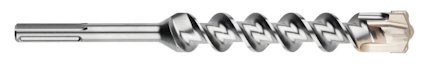 Metallisk borr med spiralformad design och fyrskärs huvud.