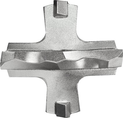 Metallic drill bit with a cross-shaped cutting edge and four carbide tips for enhanced durability.