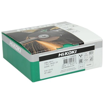 Förpackning med Hikoki kapskivor, modell A62U-BF41, 115x1, 6x22,23, tillverkad juli 2018.