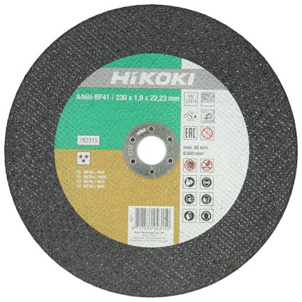 Rund, svart kapskiva av märket Hikoki med flera tryckta etiketter och symboler på ytan.
