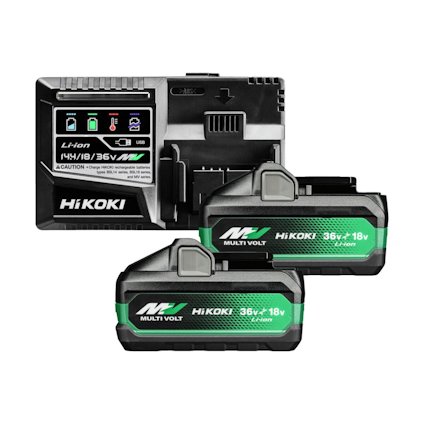 Hikoki batteriladdare med två litiumjonbatterier i svart och grönt, märkta med "Multi Volt" och "36V⇌18V".
