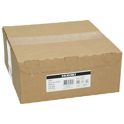 Kartonlåda med etikett: "HiKOKI, 230x3.0x22.23, Typ 42R, 25 st, bäst före 01/2022."