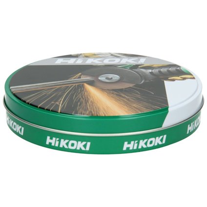 Rund behållare med dekorativt lock och texten "HIKOKI".