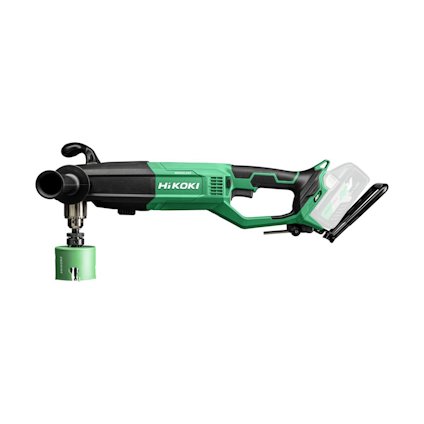 Grön och svart vinkelborrmaskin med handtag, utan batteri. Märkt "Hikoki".
