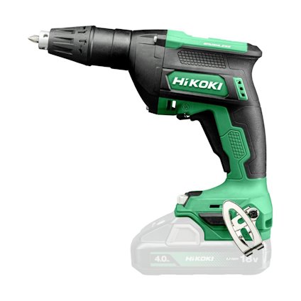 Skruvdragare HiKOKI 18V i grönt och svart med hållare för bits, utan batteri monterat.