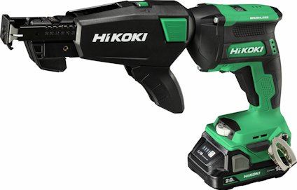 Sladdlös grön och svart skruvautomat märkta "HiKOKI" med batteripack.