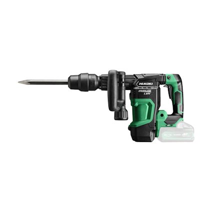 Elektrisk mejselhammare med svart och grön design och handtag, märkt med "HiKOKI".