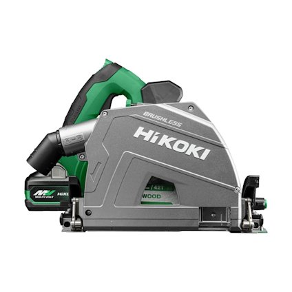 Sänksåg med grön och grå design, märkt "Hikoki" och "Brushless", synlig batterienhet.