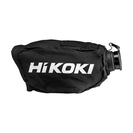 Svart dammpåse i textil med vit Hikoki-logotyp och plastfäste.