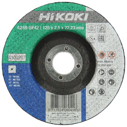 Slipkapskiva med märkning "Hikoki", färgade segment i grönt och blått, och symboler för metalbearbetning.