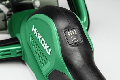Grön och svart HiKOKI-verktyg med batteriindikator och texten "HiKOKI" på sidan.