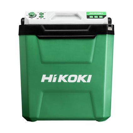 Grön och svart kyl-/värmebox med HiKOKI-logotyp på framsidan och kontrollpanel på ovansidan.
