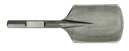 Grå metallmejsel med en rektangulär, något böjd spadformad ände och en rak tång.