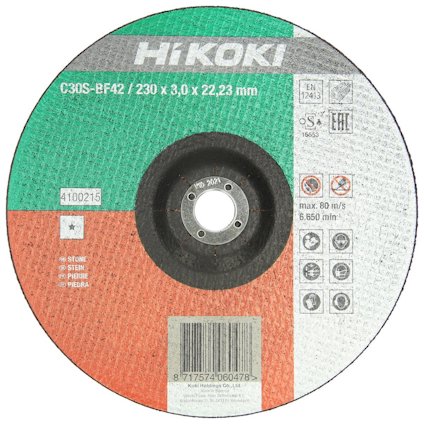 Rund kapskiva med etikett i grönt och rött, logotypen "HiKoki", samt teknisk information och symboler tryckta över ytan.