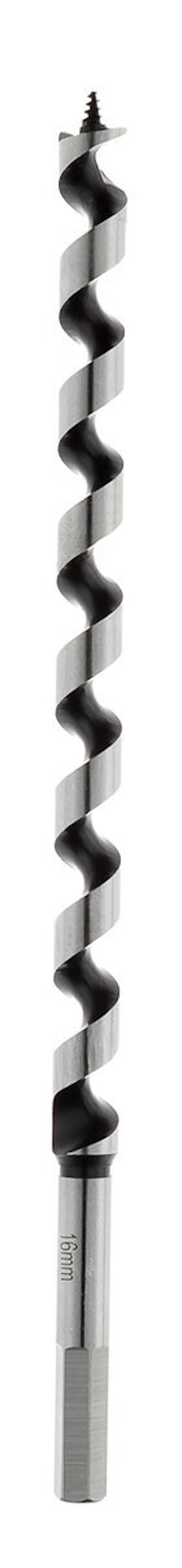Spiralformad borr som är lång och har en spets i ena änden samt ett sexkantigt fäste i den andra.