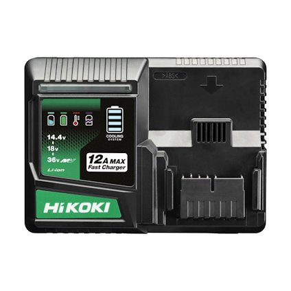Svart och grön batteriladdare från HiKOKI med texten "12A MAX Fast Charger". Har olika laddningslägen för 14,4V till 36V.