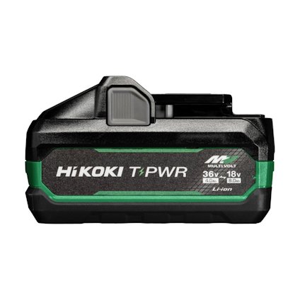 Hikoki 36V/18V batteri med svart och grön design, text "MULTIVOLT" och "Li-ion" synlig.
