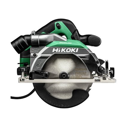 Cirkelsåg med logotypen "HiKOKI", svart och grön detaljfärg, synlig klinga och handtag.