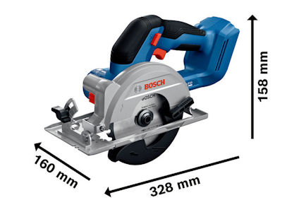 Cirkelsåg från Bosch med måtten: 328 mm längd, 160 mm bredd och 158 mm höjd.