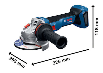 Vinkelslip med handtag och skiva, blå och svart design, märkningar "325 mm", "265 mm", "118 mm".