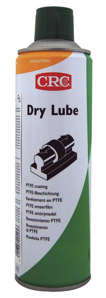 Sprayburk med etikett märkt "CRC Dry Lube" och ett svartvitt diagram på framsidan.