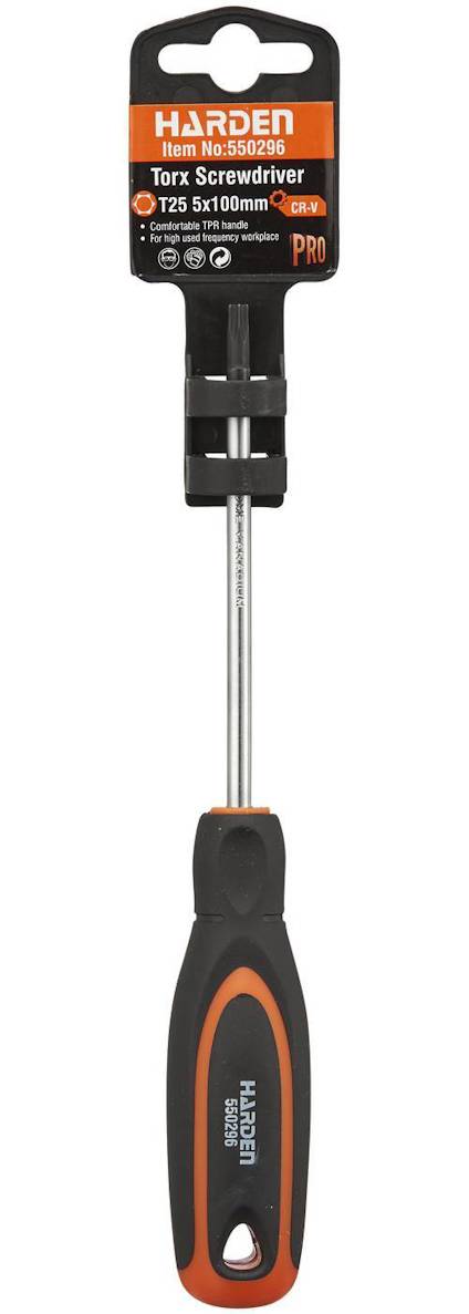 Skruvmejsel Harden Torx T25 x 100 mm med svart och orange handtag, produktetikett synlig.