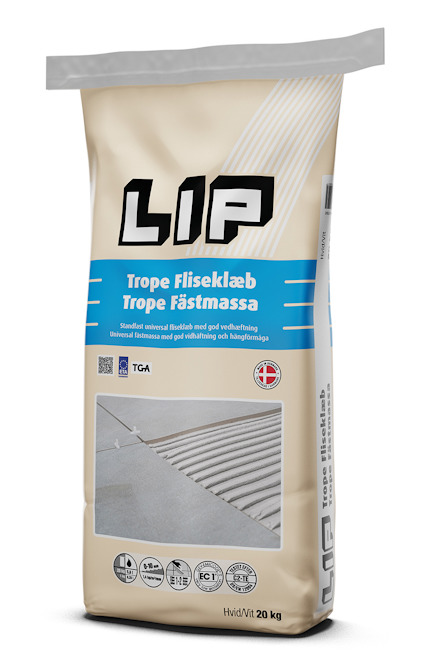 Förpackning med LIP Trope Fästmassa, vit design med svart text och bild av applicerad fästmassa.