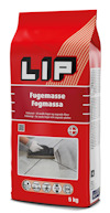 Röd påse med texten "LIP" och "Fugemasse Fogmassa". Bild av någon som applicerar fogmassa på kakel.