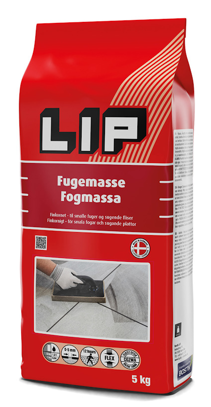 Röd påse med texten "LIP" och "Fugemasse Fogmassa". Bild av någon som applicerar fogmassa på kakel.