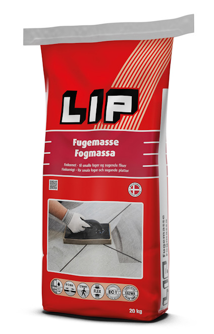Röd förpackning av fogmassa från märket LIP, med text på olika språk och bild av fogning av kakelplattor.