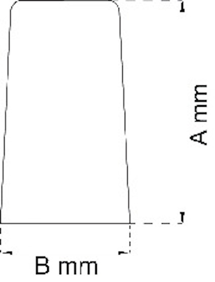 Diagram av en avsmalnande cylinder med märkning; höjd A mm, bred bas B mm.