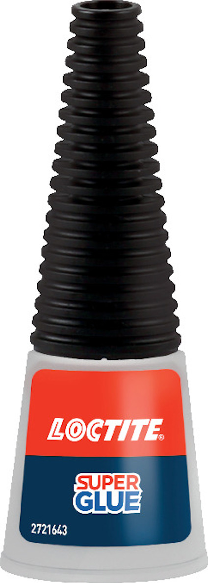 Loctite superlimflaska med texten "SUPER GLUE" och "2721643" på etiketten.