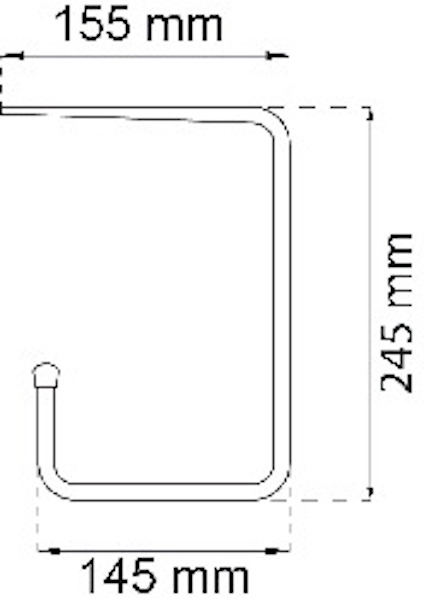 En L-formad metallkrok med måtten 155 mm x 245 mm x 145 mm.