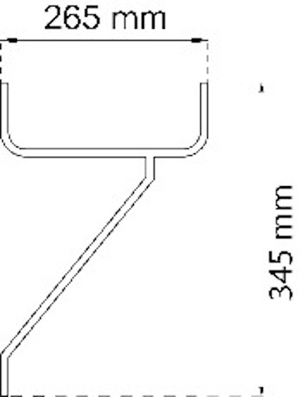 Diagram av en U-form med längd 265 mm och höjd 345 mm mot en vit bakgrund.